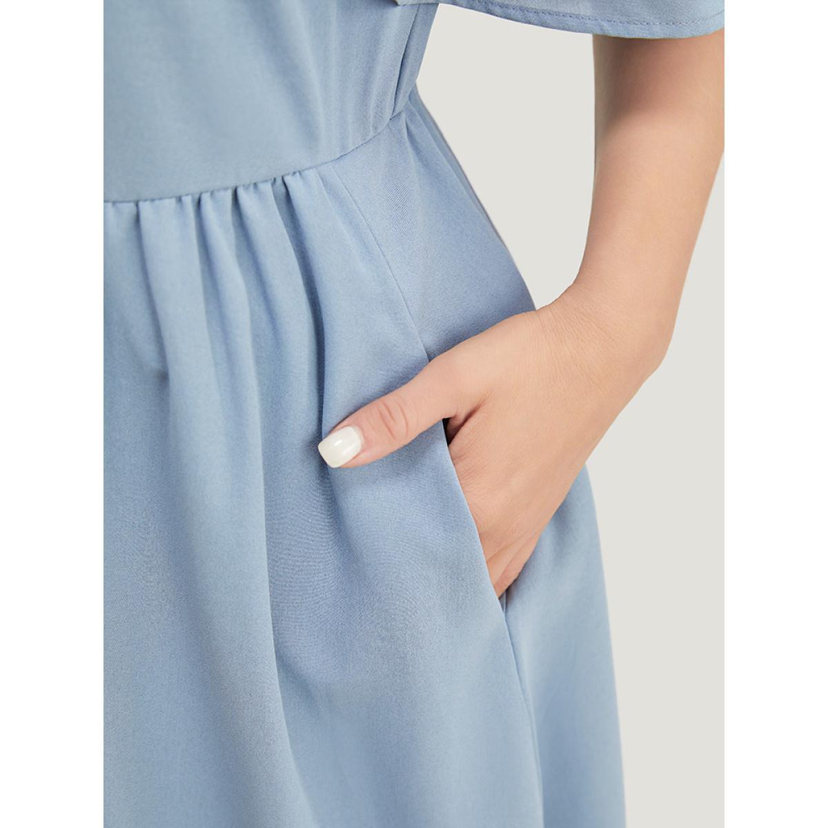 Plus Size Plain Ruffle Trim Pocket Cold Shoulder Button Detail Dress Stone Women Vacation Adjustable Straps One-shoulder neck Short sleeve Curvy Midi Dress BloomChic 10/M Product Image