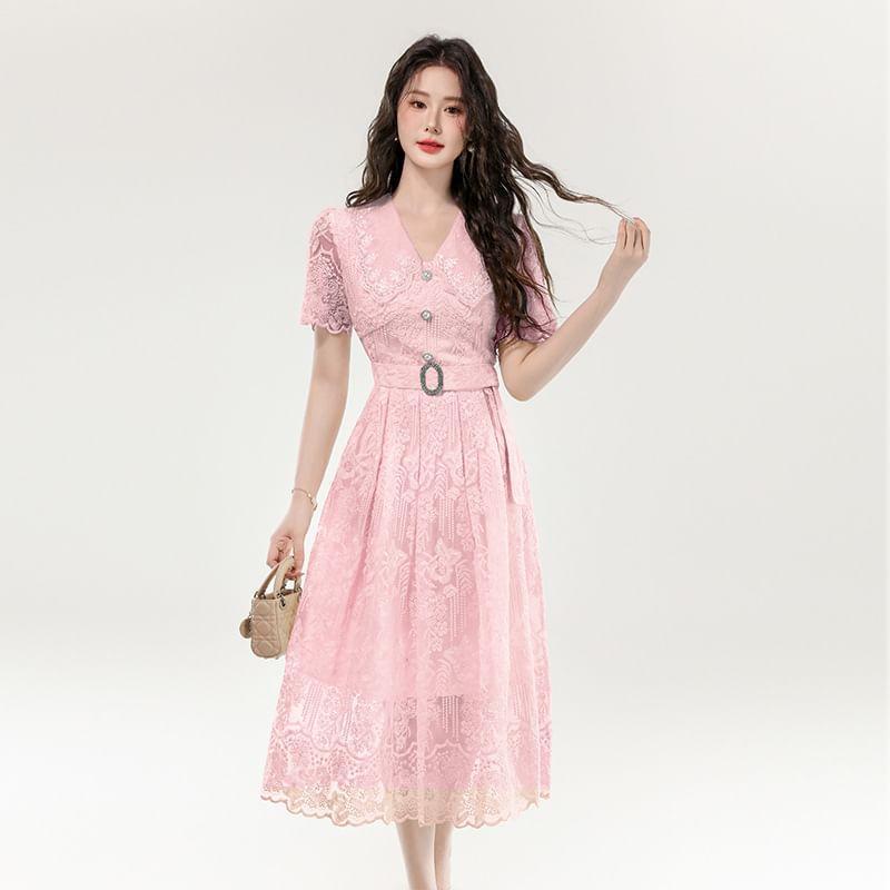 Short Sleeve V-Neck Plain Embroidered Belted Button Midi A-Line Dress Product Image