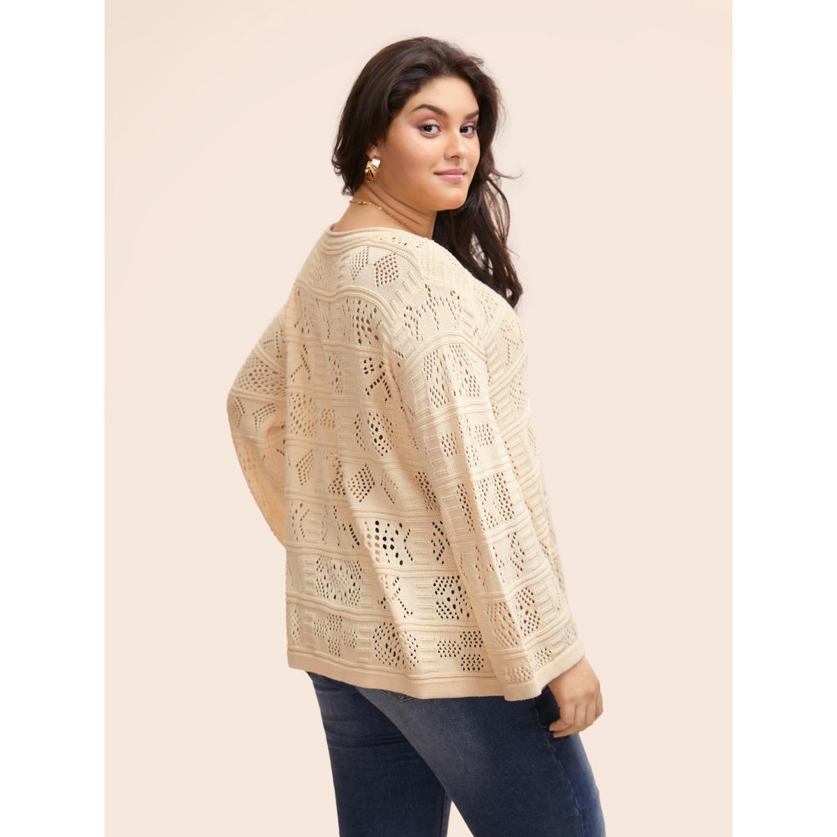 Plus Size Cotton Texture Cut Out Bell Sleeve Pullover Apricot Women Casual Long Sleeve Round Neck Everyday Pullovers BloomChic 26/4X Product Image