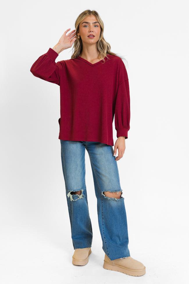 Sending Love Burgundy Oversized Waffle V-Neck Top FINAL SALE Product Image