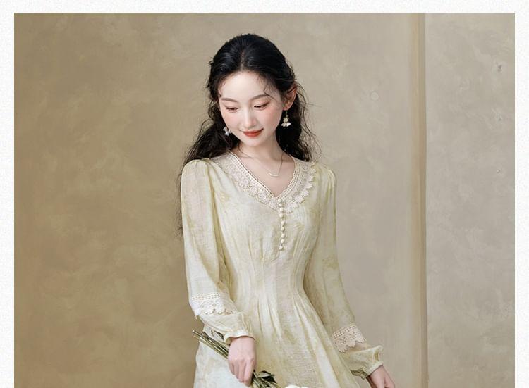 Long-Sleeve V-Neck Tie Dye Lace Panel Midi A-Line Dress Product Image
