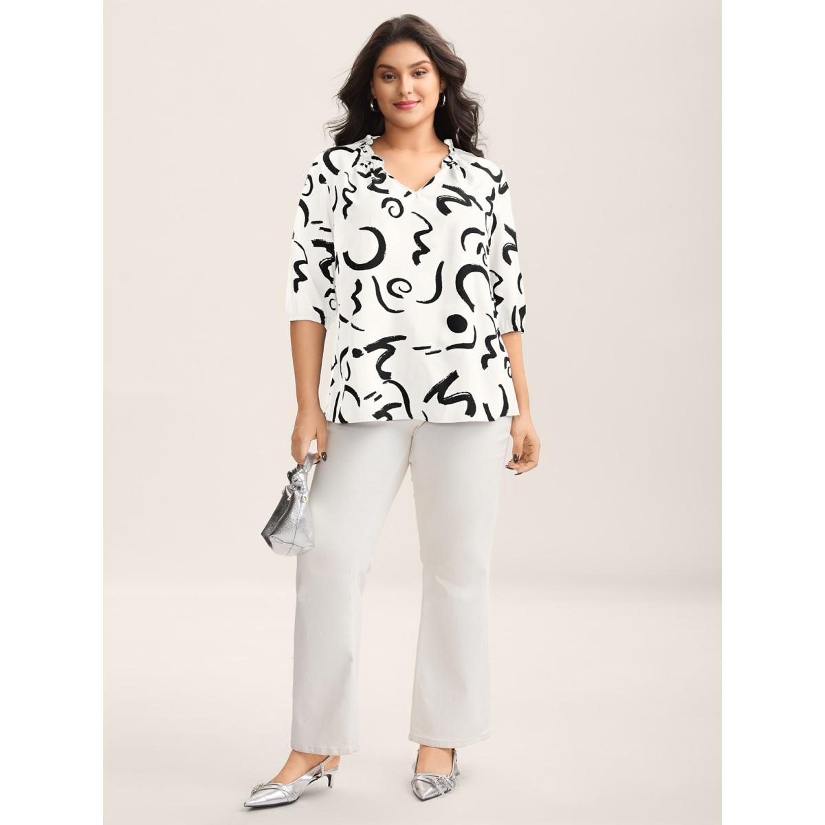 Plus Size Originalwhite Scribble Print Ruffled Split Neck Blouse Women Elbow-length sleeve Notched collar Work Blouses BloomChic 18-20/2X Product Image