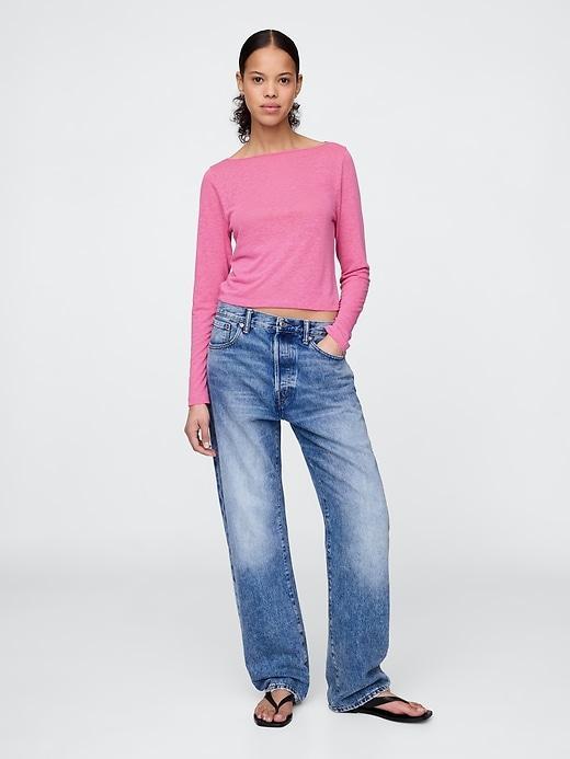 Linen-Blend Cropped Boatneck T-Shirt Product Image