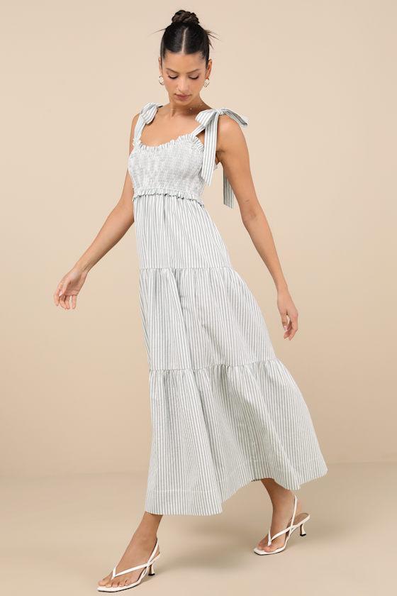 Bembe Sage Striped Tie-Strap Tiered Maxi Dress Product Image