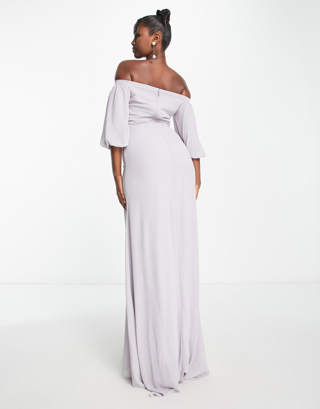 TFNC Bridesmaid bardot chiffon maxi dress with embellished waist Product Image