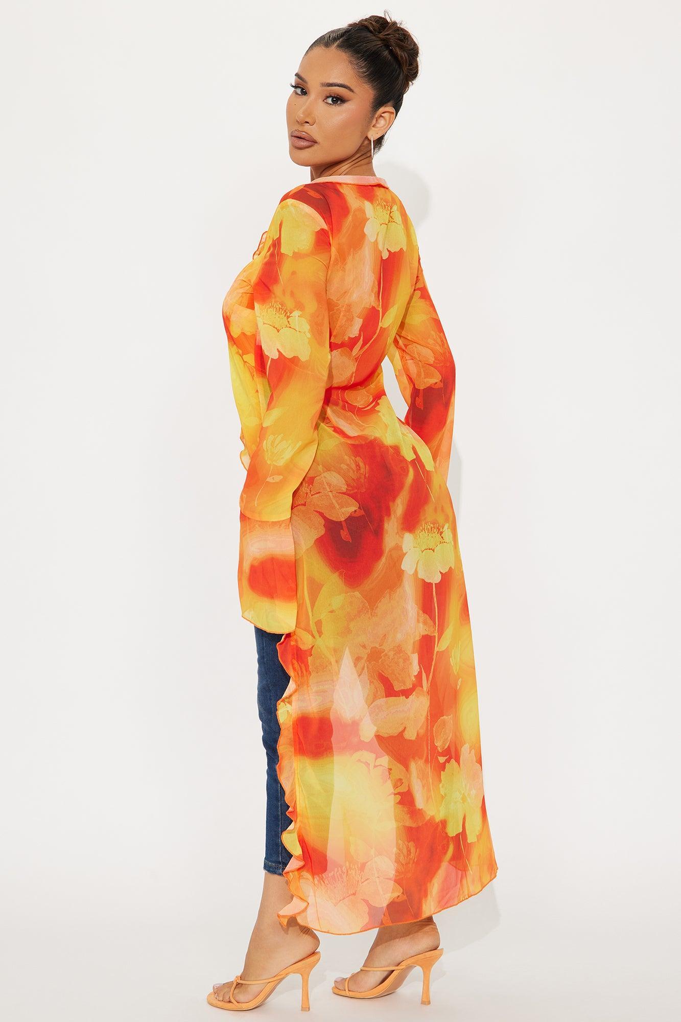 Floral Escape Chiffon Tie Front Maxi Top - Orange/combo Product Image