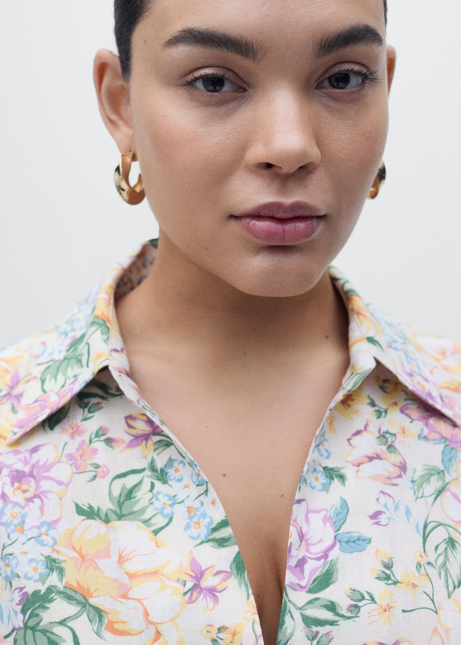 Floral linen shirt with knot detail - Women | MANGO USA Product Image