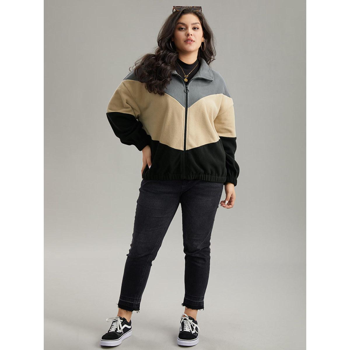 Plus Size Colorblock Contrast Zipper Drop Shoulder Jacket Women Gray Elastic cuffs Dailywear Jackets BloomChic 10/M Product Image