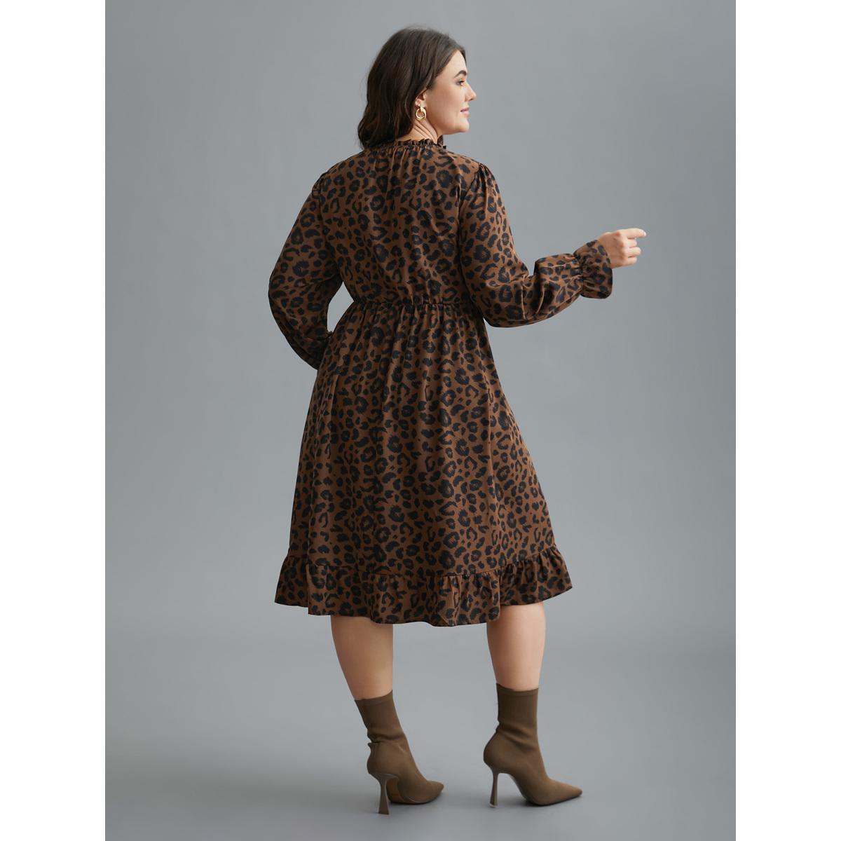 Plus Size Leopard Print Ruffles Mock Neck Elastic Waist Dress Browncoffeecolor Women Elegant Frill Trim Mock Neck Long Sleeve Curvy BloomChic 30/6X Product Image