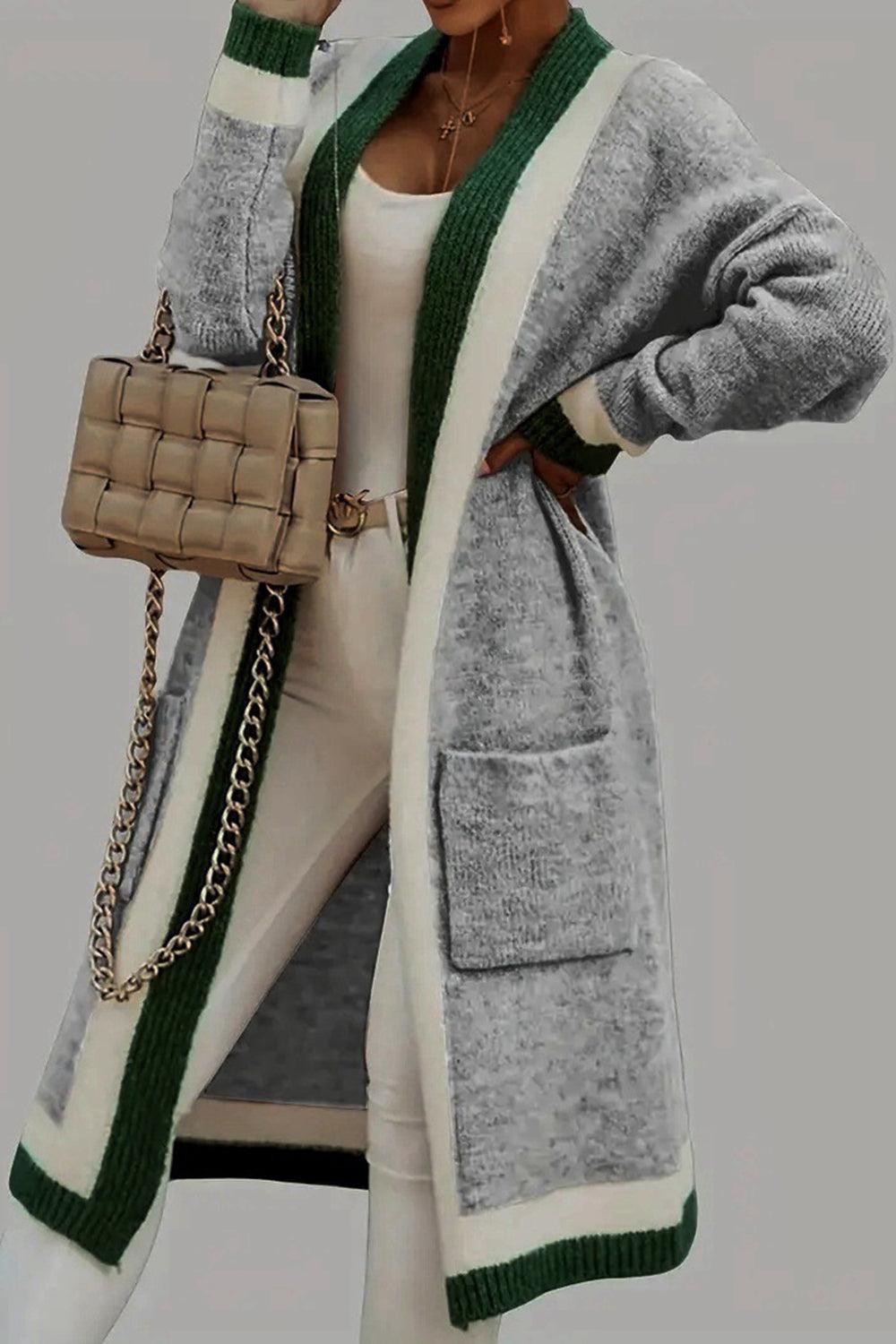 Pocketed Contrast Long Sleeve Hooded Cardigan Product Image