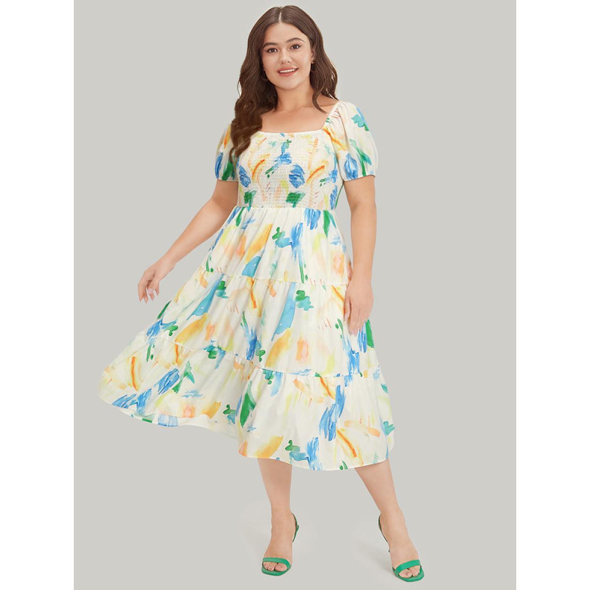 Plus Size Colour Geometric Print Square Neck Shirred Puff Sleeve Dress Multicolor Women Vacation Elastic cuffs Square Neck Short sleeve Curvy Midi Dress BloomChic 10/M Product Image