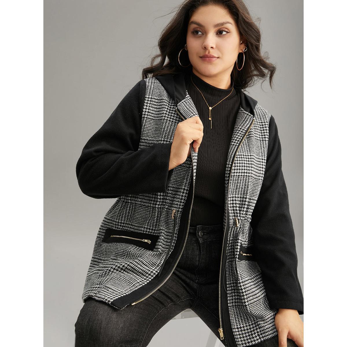 Plus Size Houndstooth Patchwork Zipper Drawstring Coat Women Gray Casual Lined Ladies Everyday Winter Coats BloomChic 12/L Product Image