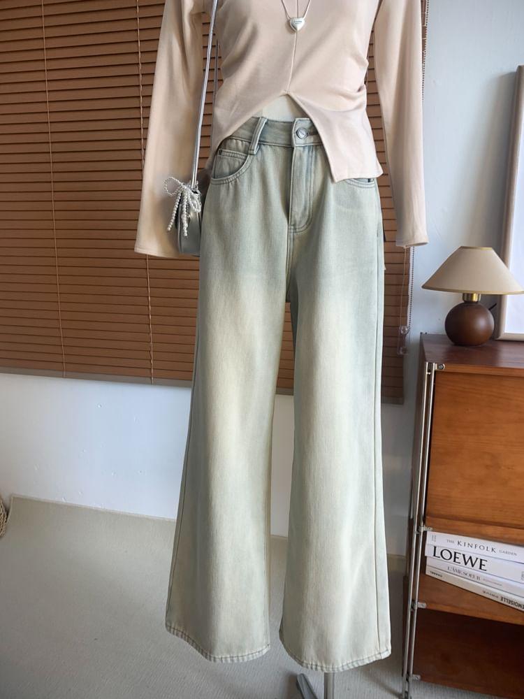 High Rise Washed Fleece-Lined Flared Jeans Product Image