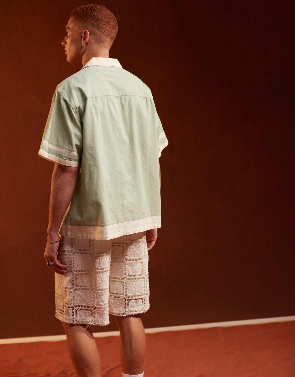 ASOS DESIGN oversized revere shirt in cut and sew in sage Product Image