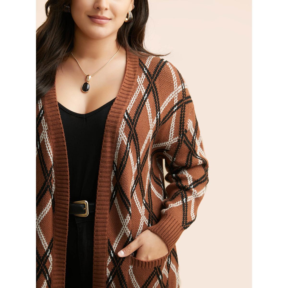 Plus Size Plaid Pocket Drop Shoulder Sleeve Cardigan Yellowishbrown Women Casual Loose Long Sleeve Everyday Cardigans BloomChic 28/5X Product Image