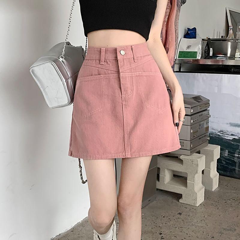 High Rise Washed Mini A-Line Denim Skirt Product Image