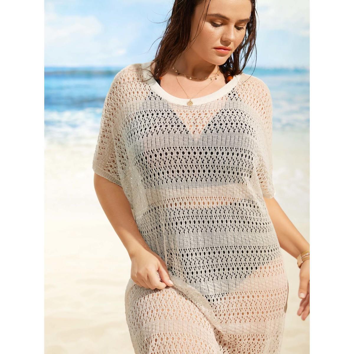 Plus Size Crew Neck Cut Out Dolman Sleeve Swim Cover Up Women's Swimwear Ivory Beach Loose Texture Curve Swim Cover Ups BloomChic 12/L Product Image
