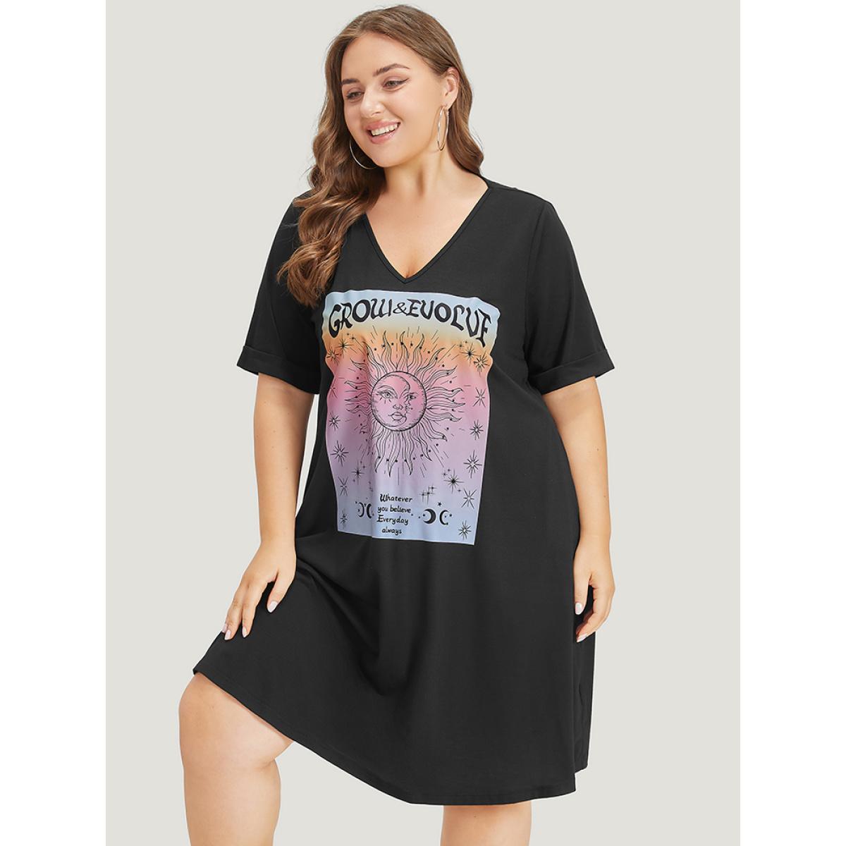 Plus Size Supersoft Essentials Horoscope Print Pocket Roll Sleeve Dress Black Women Casual Plain V-neck Short sleeve Curvy Midi Dress BloomChic 12/L Product Image