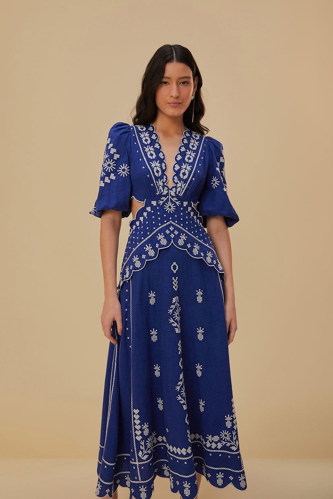 Navy Blue Embroidered Cut-Out Midi Dress, NAVY BLUE / XXS Product Image