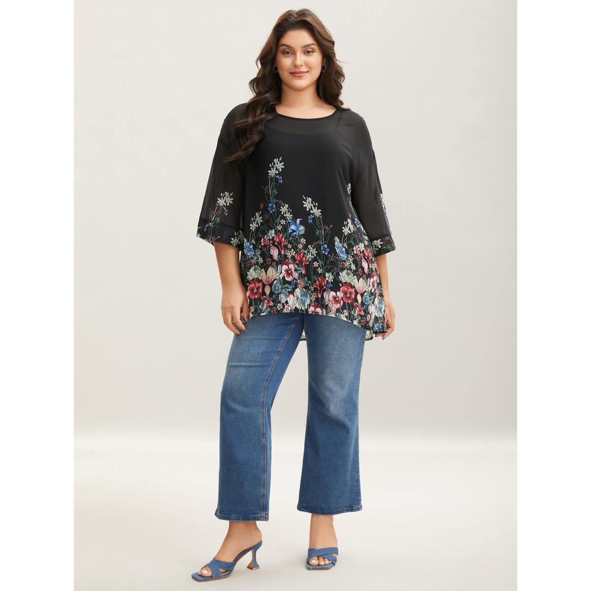 Plus Size Black Floral Print Sheer Round Neck Blouse Women Elbow-length sleeve Round Neck Everyday-Elegant Blouses BloomChic 12/L Product Image
