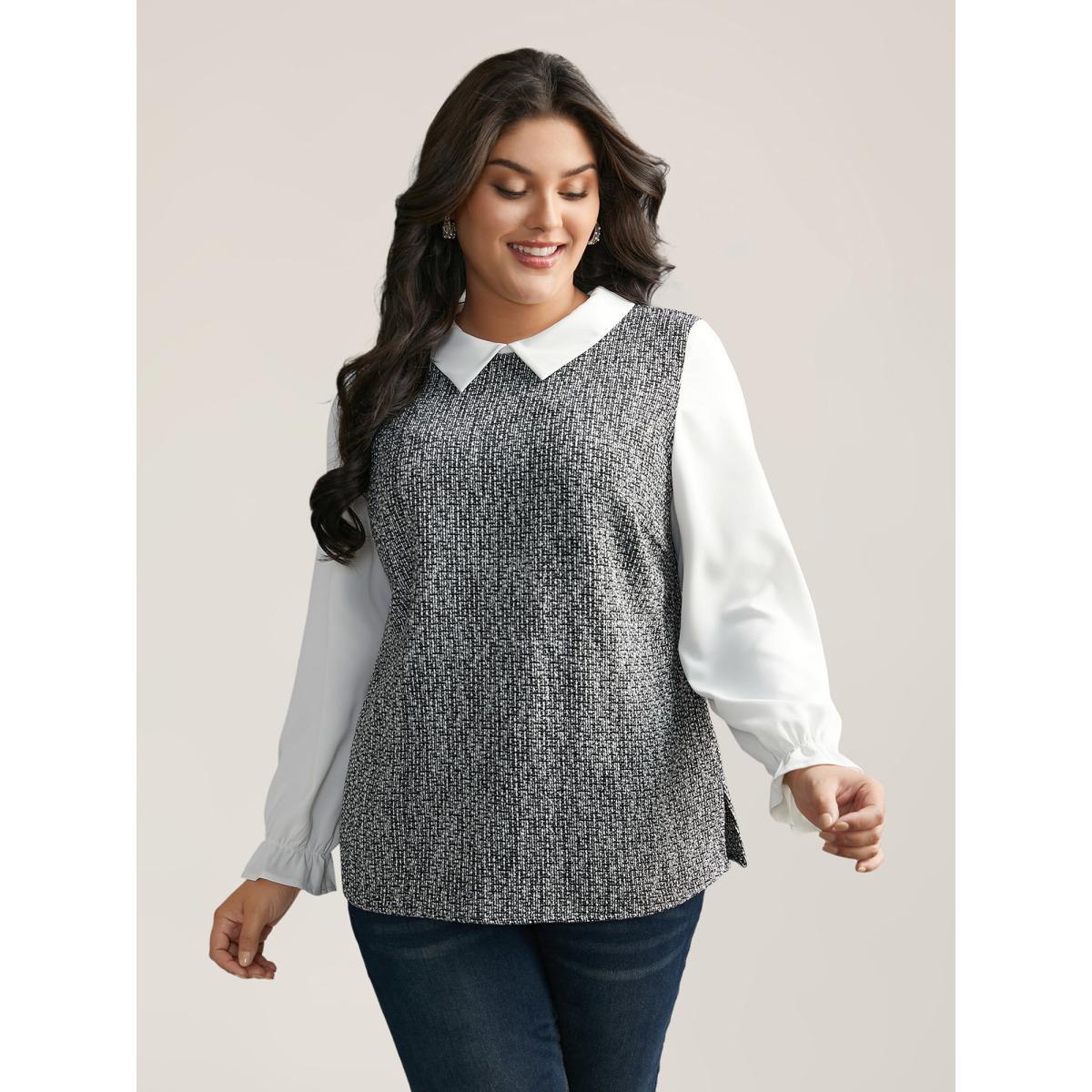 Plus Size Black Tweed Patchwork Lantern Sleeve Blouse Women At the Office Long Sleeve Shirt collar Work Blouses BloomChic 30/6X Product Image