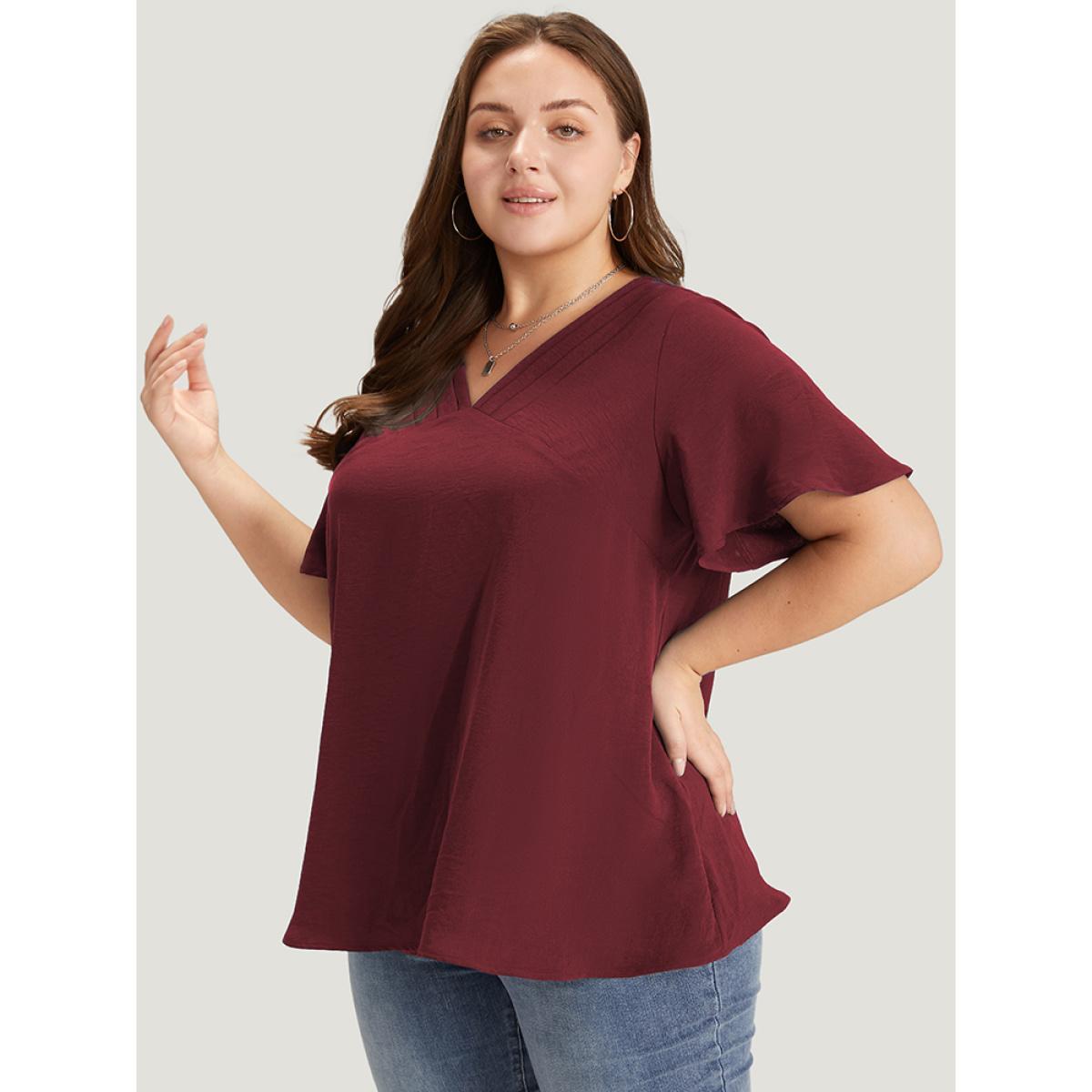Plus Size Burgundy Solid Pleated V Neck Blouse Women Office Short sleeve V-neck Dailywear Blouses BloomChic 26/4X Product Image