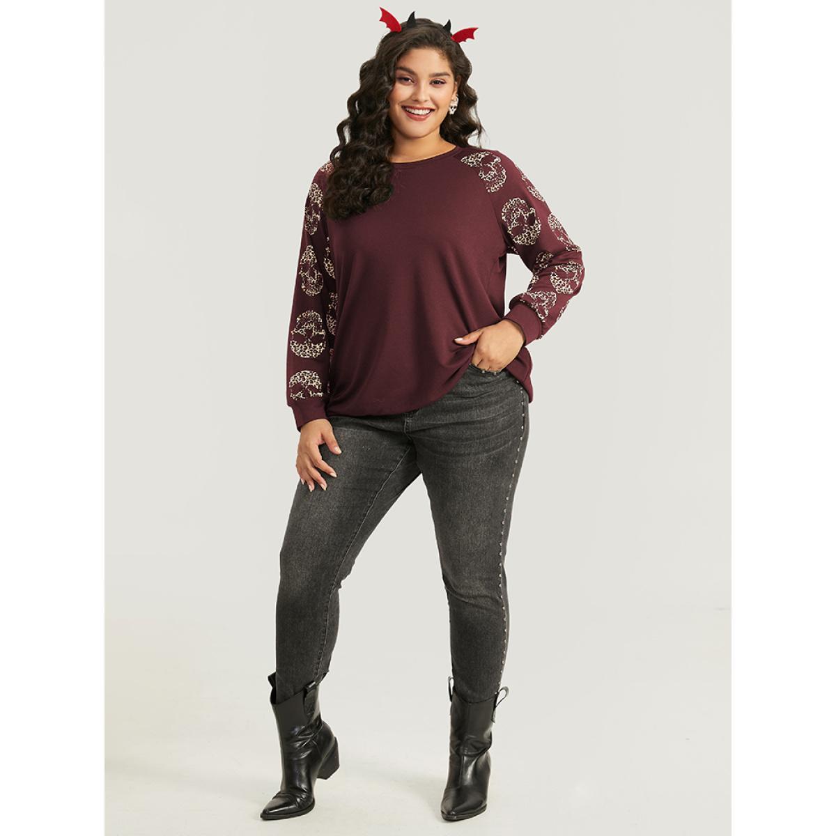 Plus Size Halloween Skull Print Crew Neck Raglan Sleeve Sweatshirt Women Burgundy Casual Elastic cuffs Round Neck Festival-Halloween Sweatshirts BloomChic 10/M Product Image