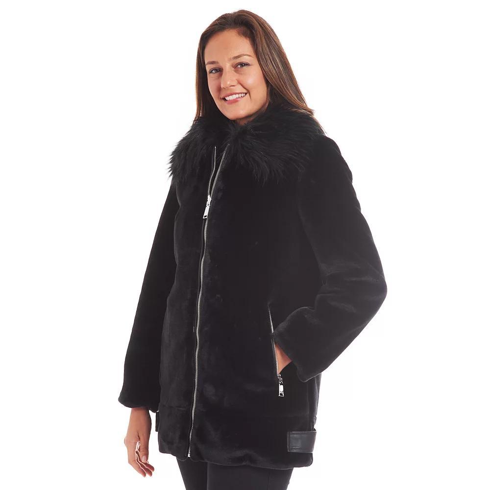 Women's Nine West Faux Fur Zipper Front Coat, Size: XL, Black Product Image