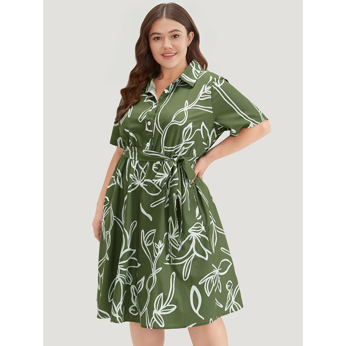 Plus Size Graphic Print Belted Shirt Collar Button Up Dress Sage Women Office Belted Shirt collar Short sleeve Curvy Midi Dress BloomChic 26/4X Product Image