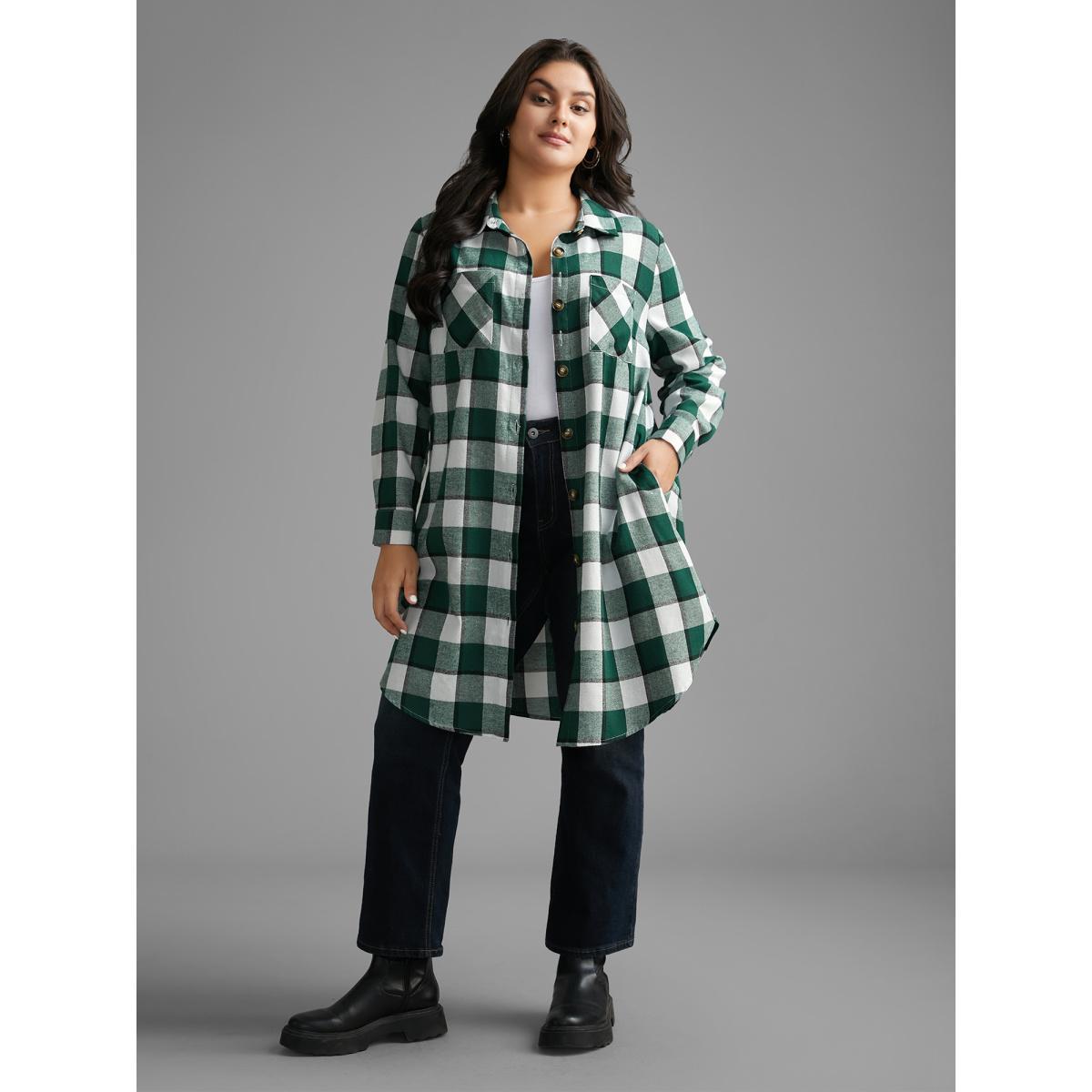 Plus Size Plaid Patched Pocket Arc Hem Jacket Women DarkGreen Button Loose Side seam pocket Everyday Jackets BloomChic 28/5X Product Image