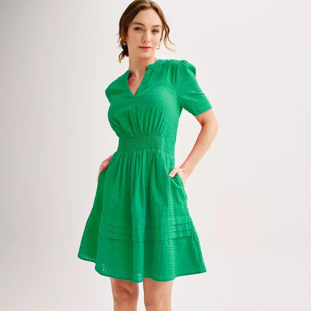 Women's Draper James Dotted Windowpane Smocked Waist V-Neck Mini Dress, Size: Medium, Green Product Image