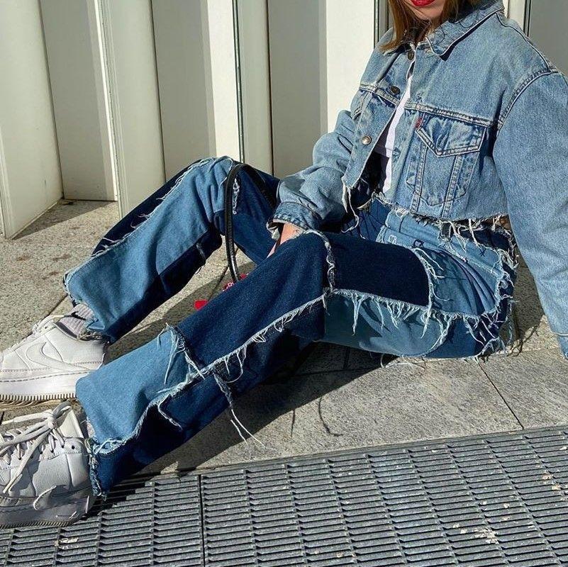 High-Waist Fray-Trim Color-Block Straight Leg Jeans Product Image