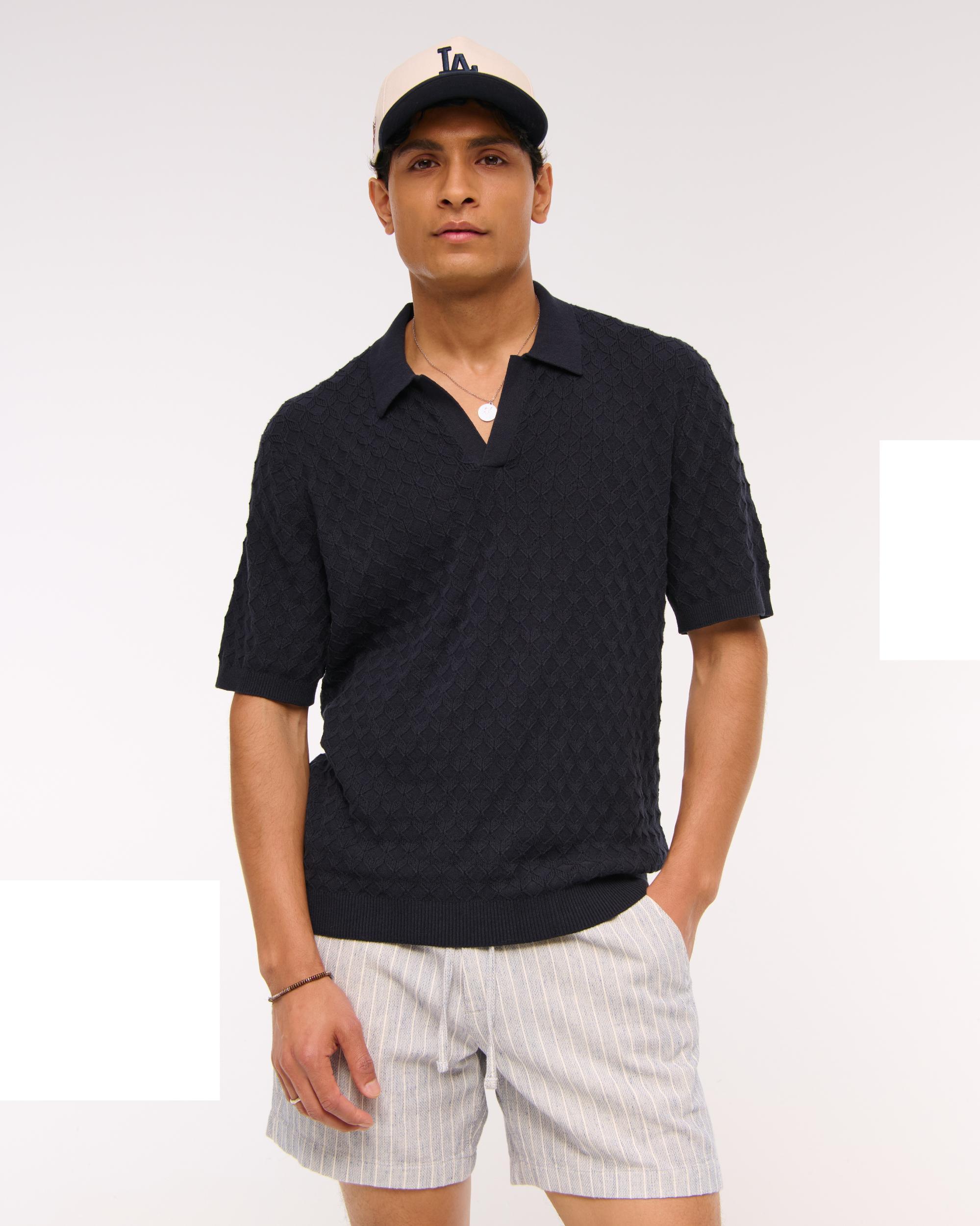Pointelle Stitch Johnny Collar Sweater Polo Product Image