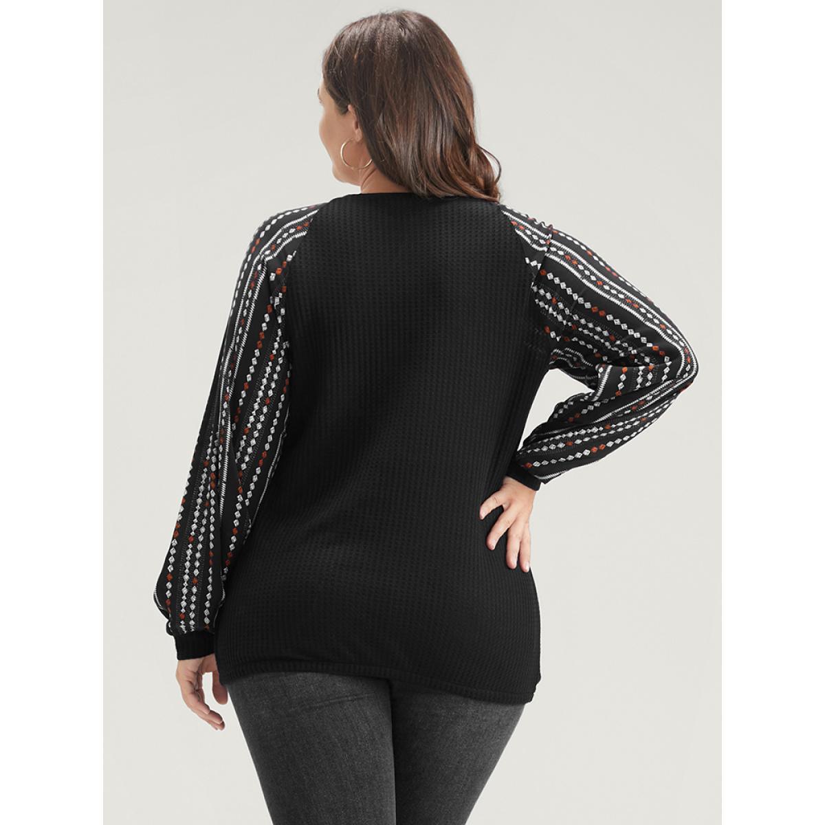 Plus Size Solid Patchwork Striped Lantern Sleeve Waffle Knit Wrap Sweatshirt Women Black Elegant Patchwork V-neck Dailywear Sweatshirts BloomChic 30/6X Product Image