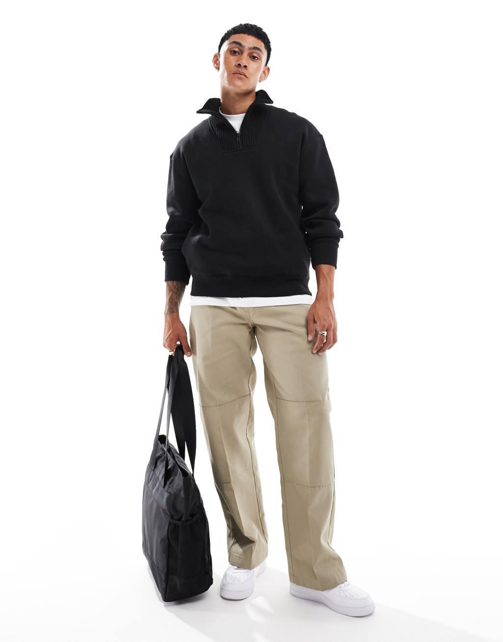 Bershka ribbed neck 1/4 zip sweater in black Product Image