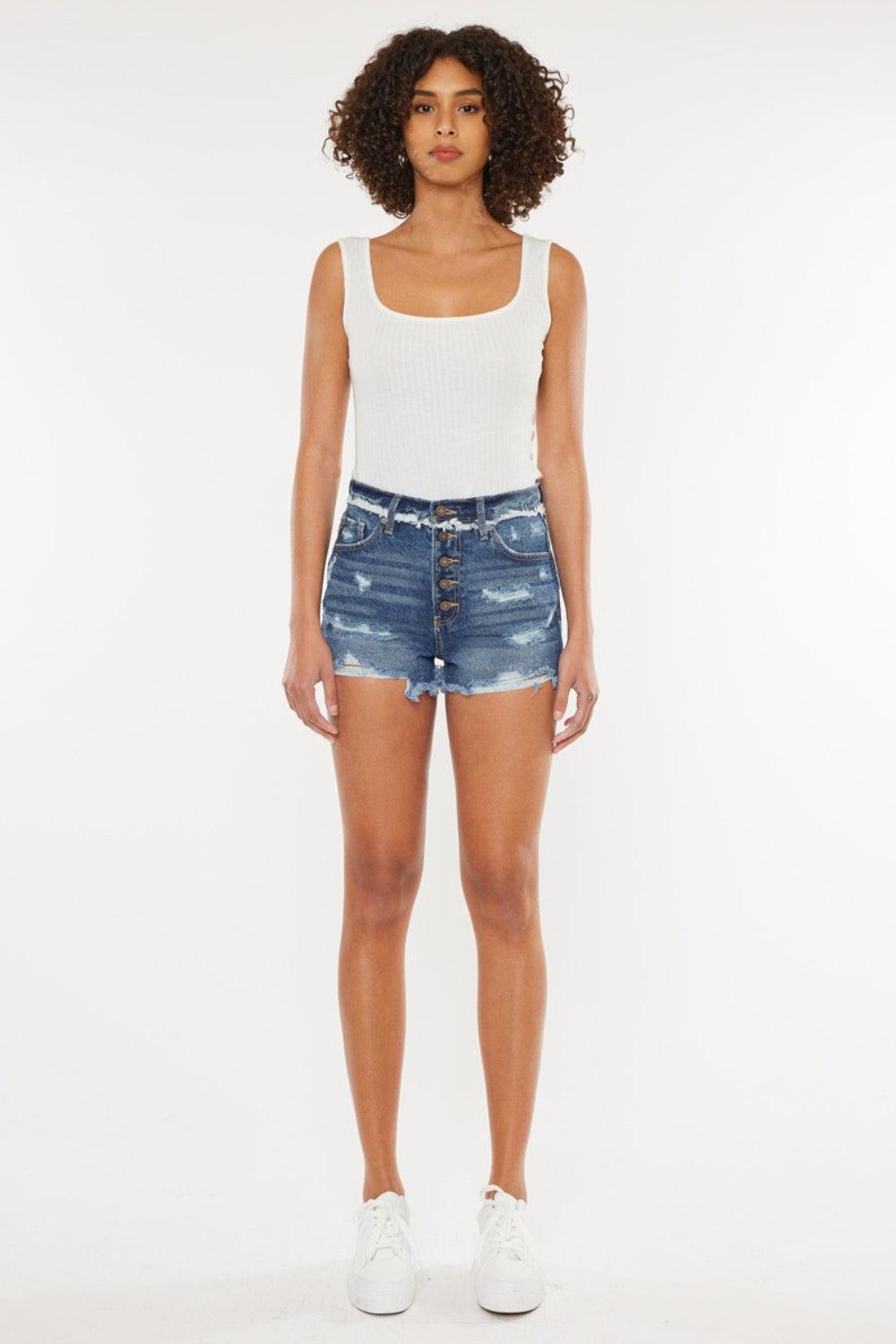 Kancan Dark Wash Distressed Button Fly Denim Shorts Product Image