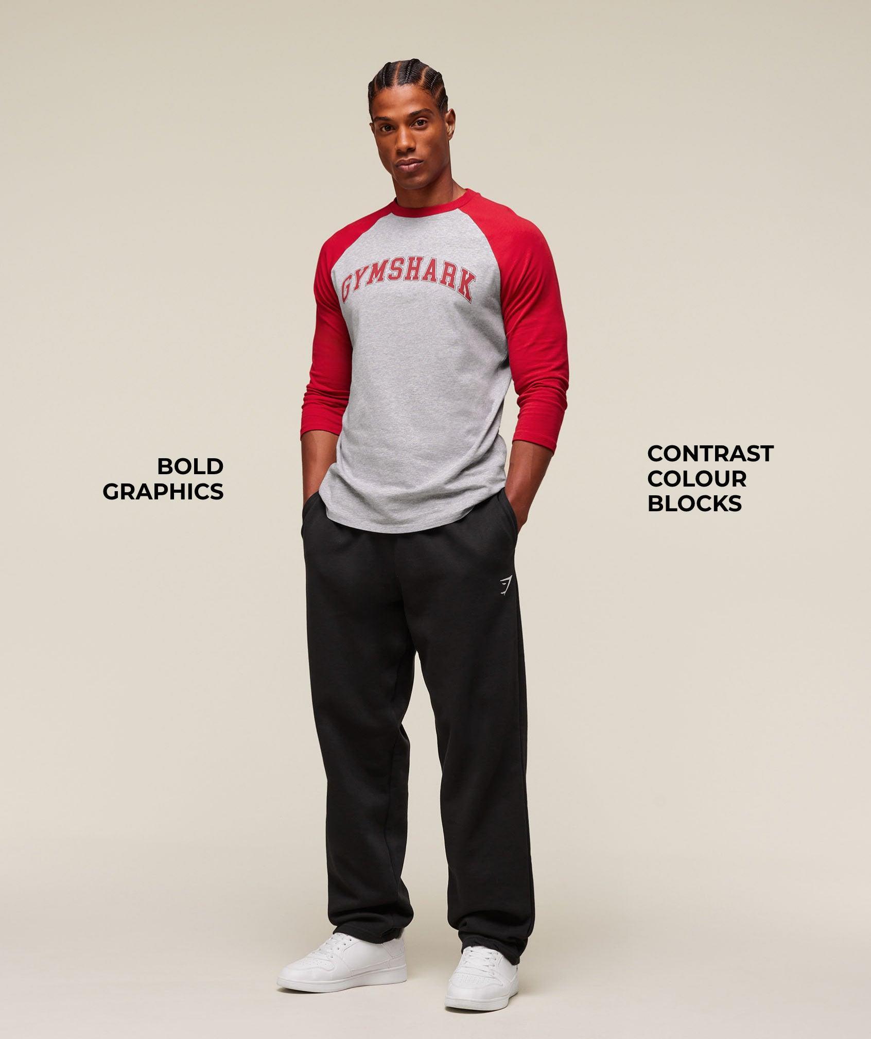 Gymshark GSLC Raglan 3/4 Sleeve T-Shirt - Light Grey Core Marl/Conditioning Red Male Product Image