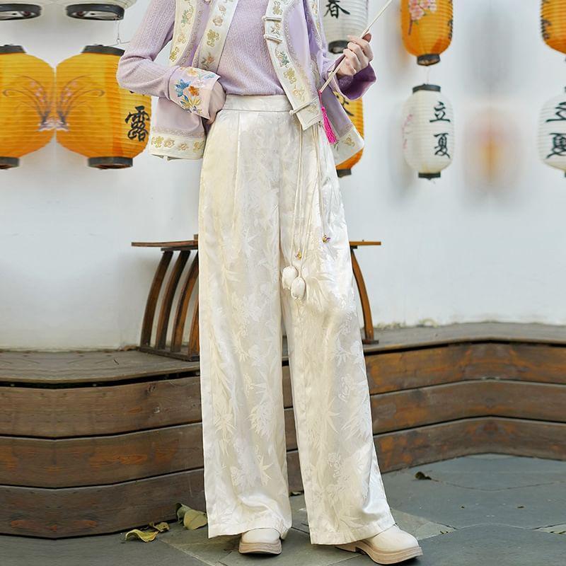 Long-Sleeve Round Neck Floral Embroidered Top / High Waist Floral Jacquard Wide Leg Pants / Vest Product Image