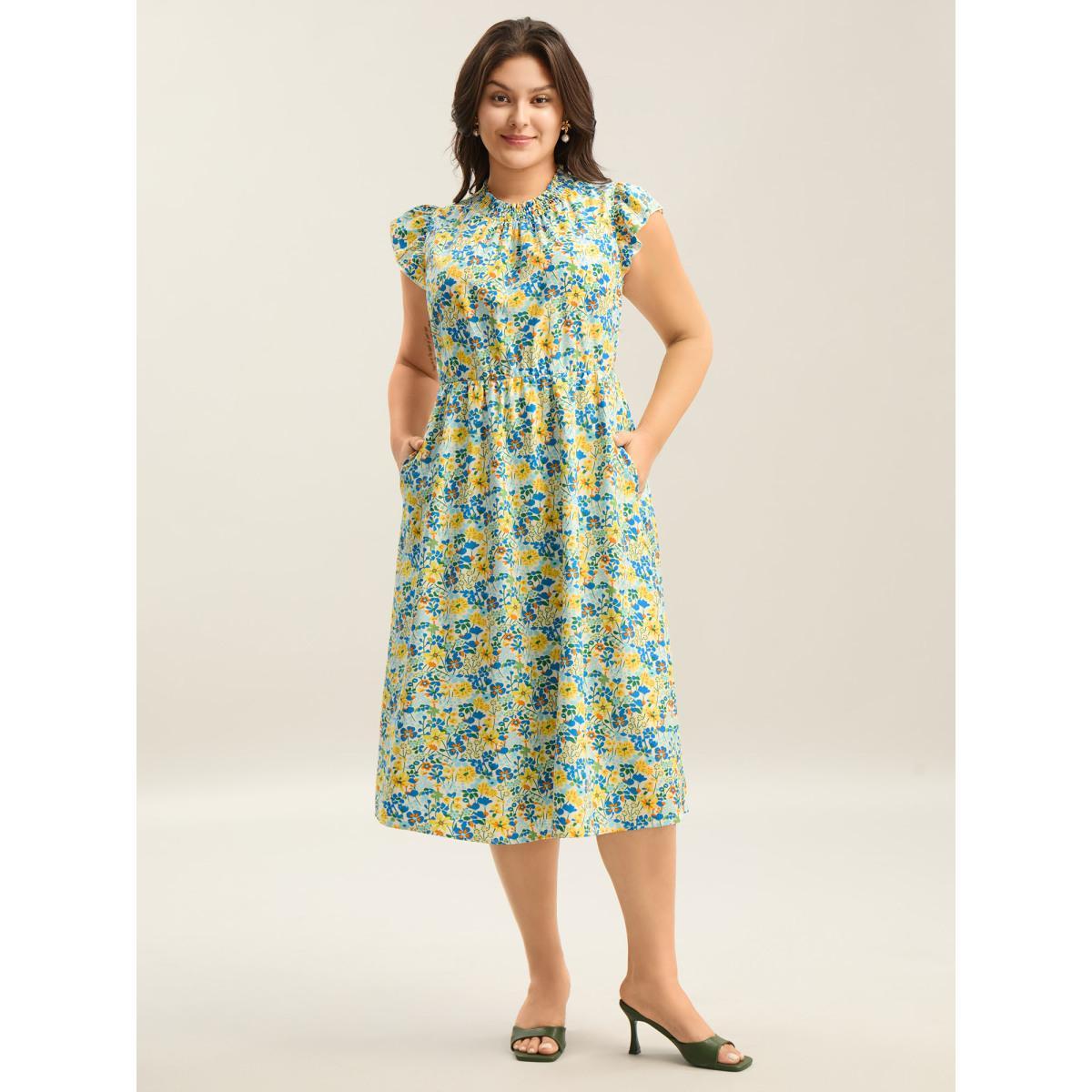 Plus Size Floral Print Shirred Pockets Midi Dress Skyblue Women Elegant Frill Trim Mock Neck Cap Sleeve Curvy BloomChic 14-16/1X Product Image