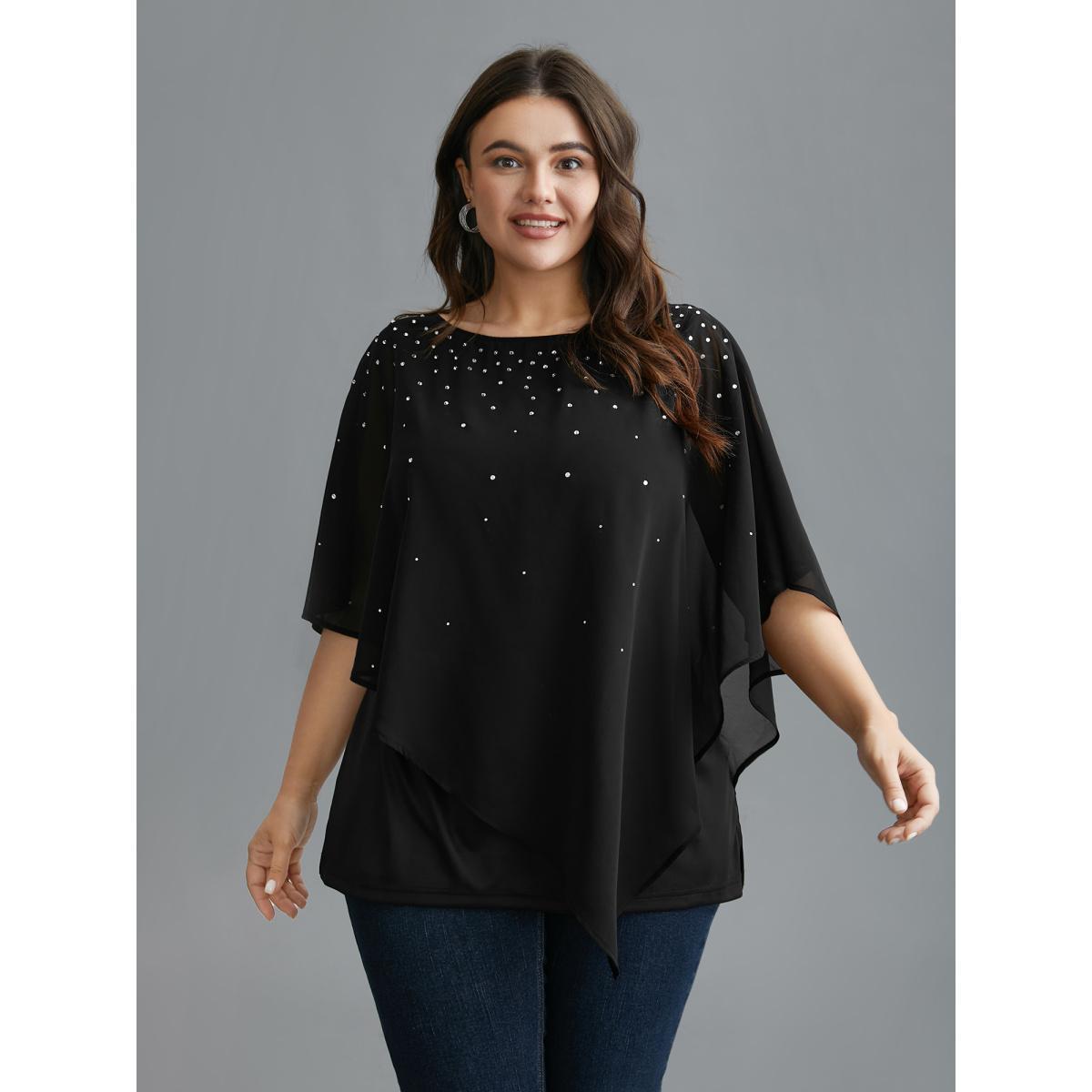 Plus Size Black Rhinestone Asymmetrical Hem Ruffle Sleeve Blouse Women Cocktail Half Sleeve Boat Neck Party Blouses BloomChic 14-16/1X Product Image