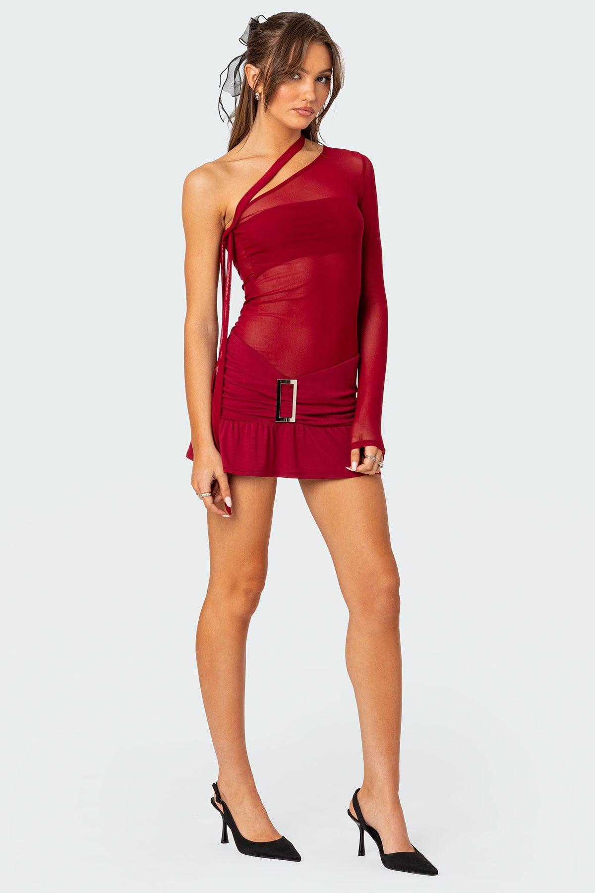 One Shoulder Sheer Mesh Mini Dress Product Image