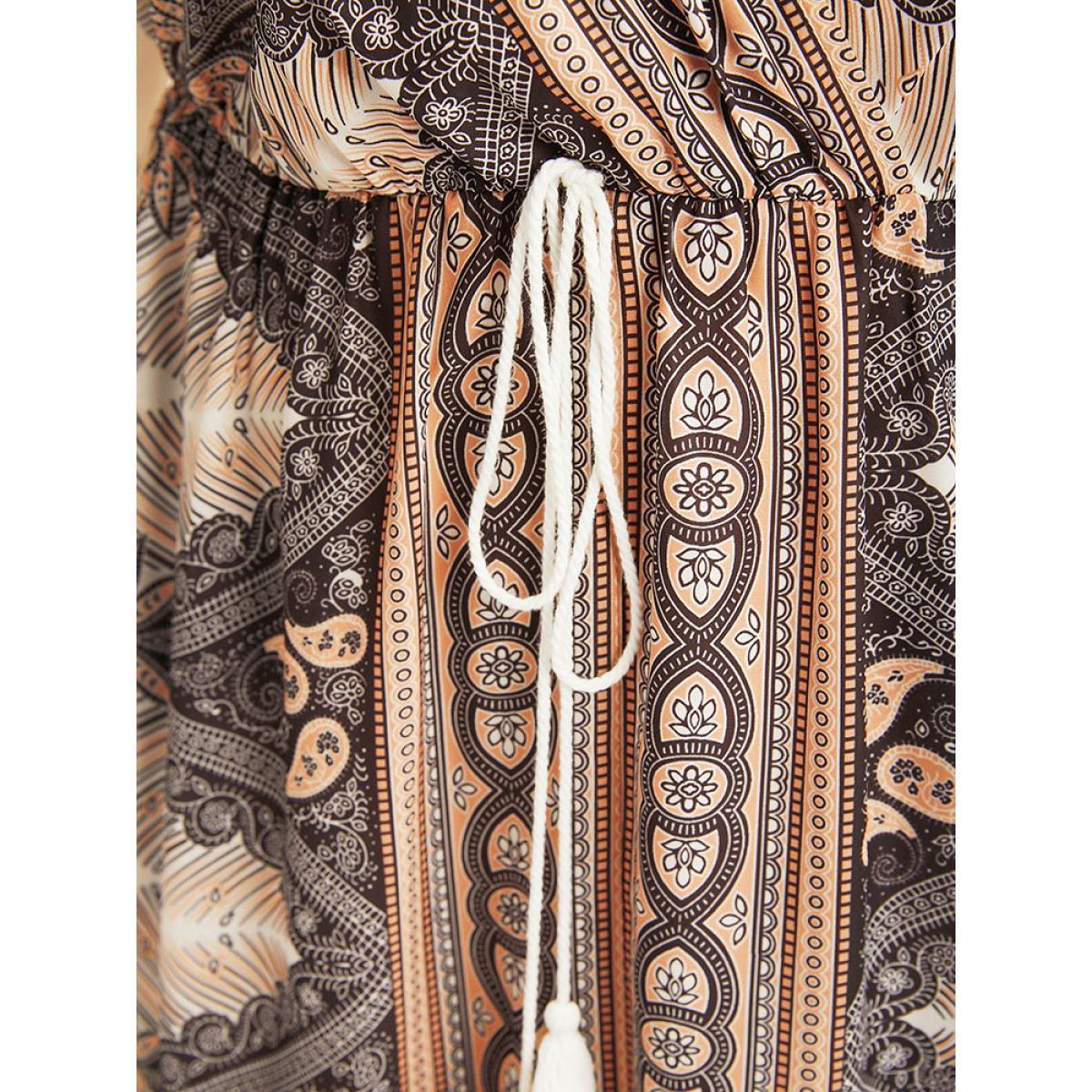 Plus Size Bandana Ruffles Button Split Pocket Ties Wrap Maxi Dress Apricot Women Vacation Printed V-neck Half Sleeve Curvy Long Dress BloomChic 22-24/3X Product Image