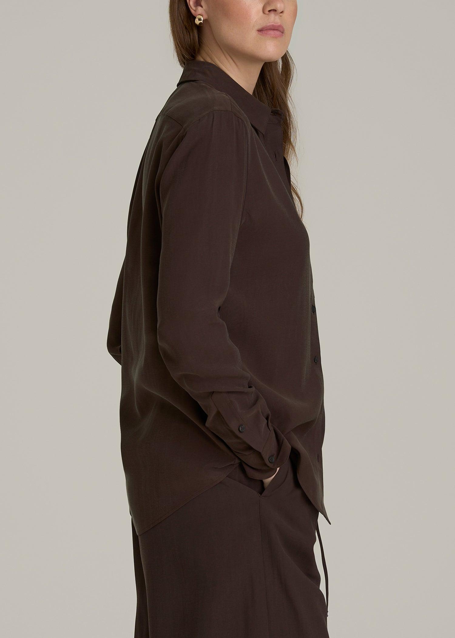 Relaxed Button-Up Single-Pocket Blouse for Tall Women in Espresso Product Image