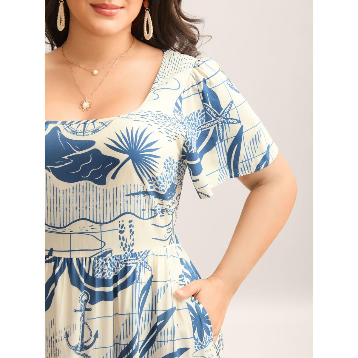 Plus Size Ocean Symphony Print Pockets Midi Dress Mediumblue Women Square Neck Short sleeve Curvy BloomChic 18-20/2X Product Image