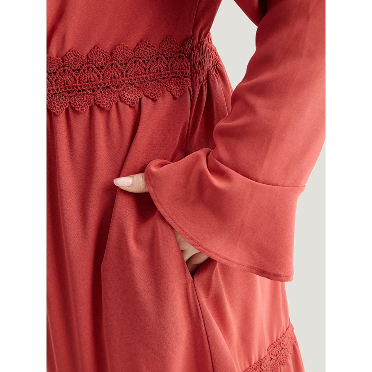 Plus Size Contrast Lace Bell Sleeve Layered Hem Dress Crimson Women Elegant Plain V-neck Long Sleeve Curvy Midi Dress BloomChic 10/M Product Image