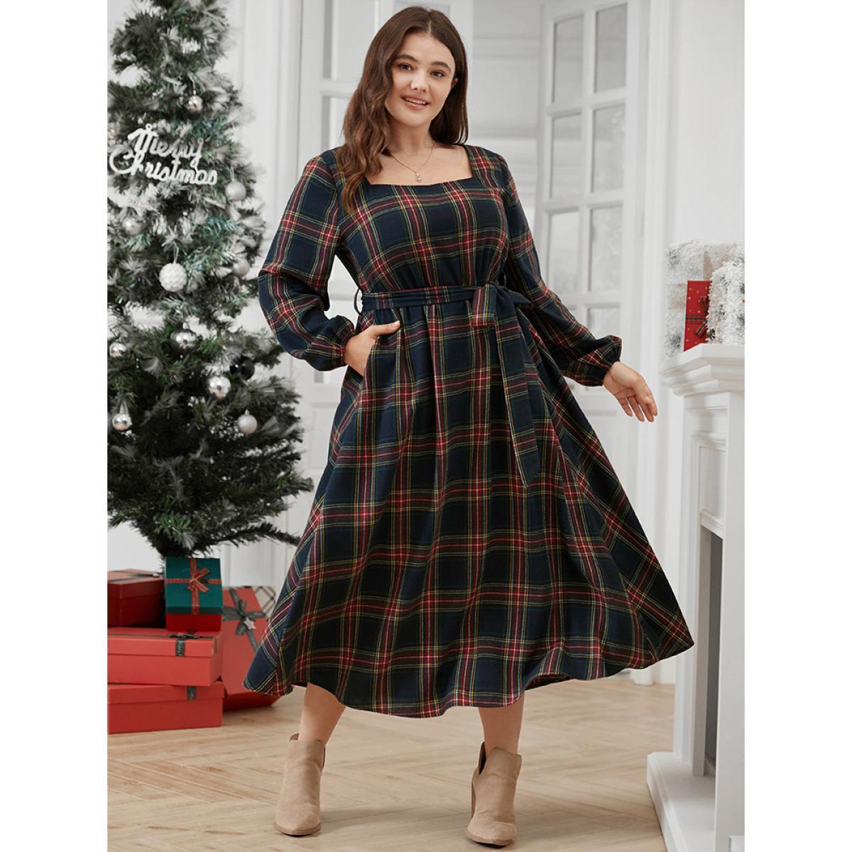 Plus Size Plaid Lantern Sleeve Pocket Belted Square Neck Dress Navy Women Elegant Pocket Square Neck Long Sleeve Curvy Midi Dress BloomChic 30/6X Product Image