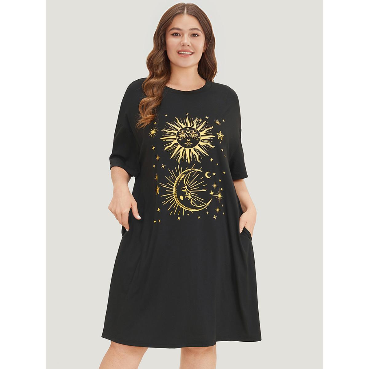 Plus Size Supersoft Essentials Star & Moon Print Pocket Crew Neck Dress Black Women Casual Plain Curvy Knee Dress BloomChic 12/L Product Image
