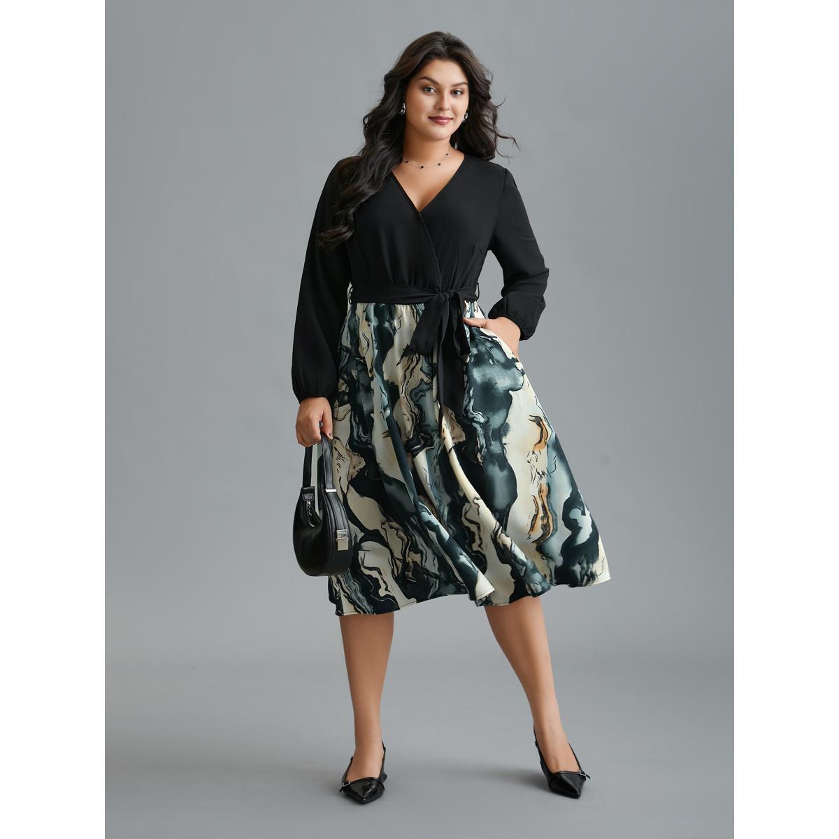 Plus Size Surplice Neck Marble Print Belted Dress Black Women At the Office Belted Overlap Collar Long Sleeve Curvy BloomChic 12/L Product Image