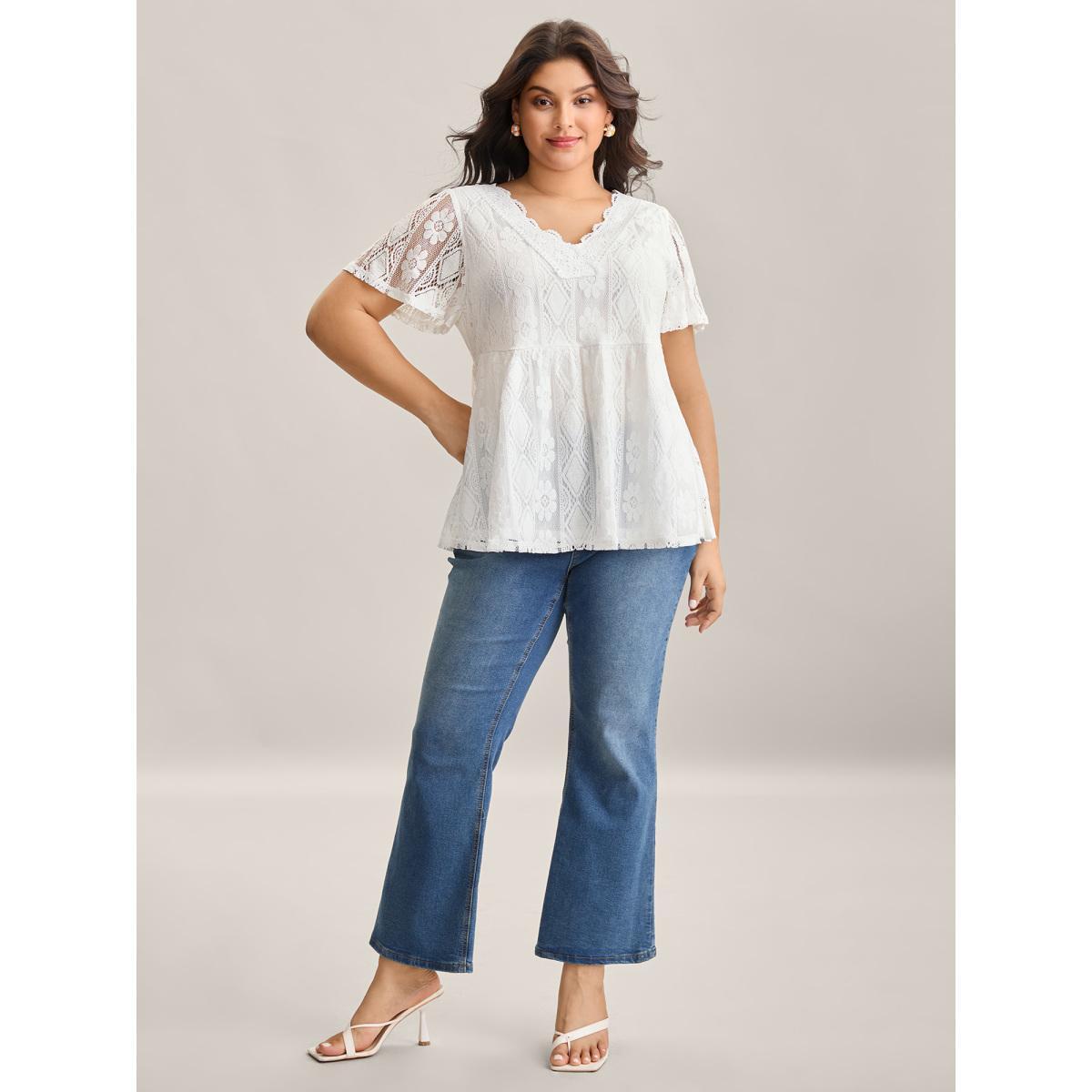 Plus Size V Neck Lace Mesh Plain T-Shirt Originalwhite Women Woven ribbon&lace trim V-neck Bodycon Everyday-Elegant T-shirts BloomChic 12/L Product Image