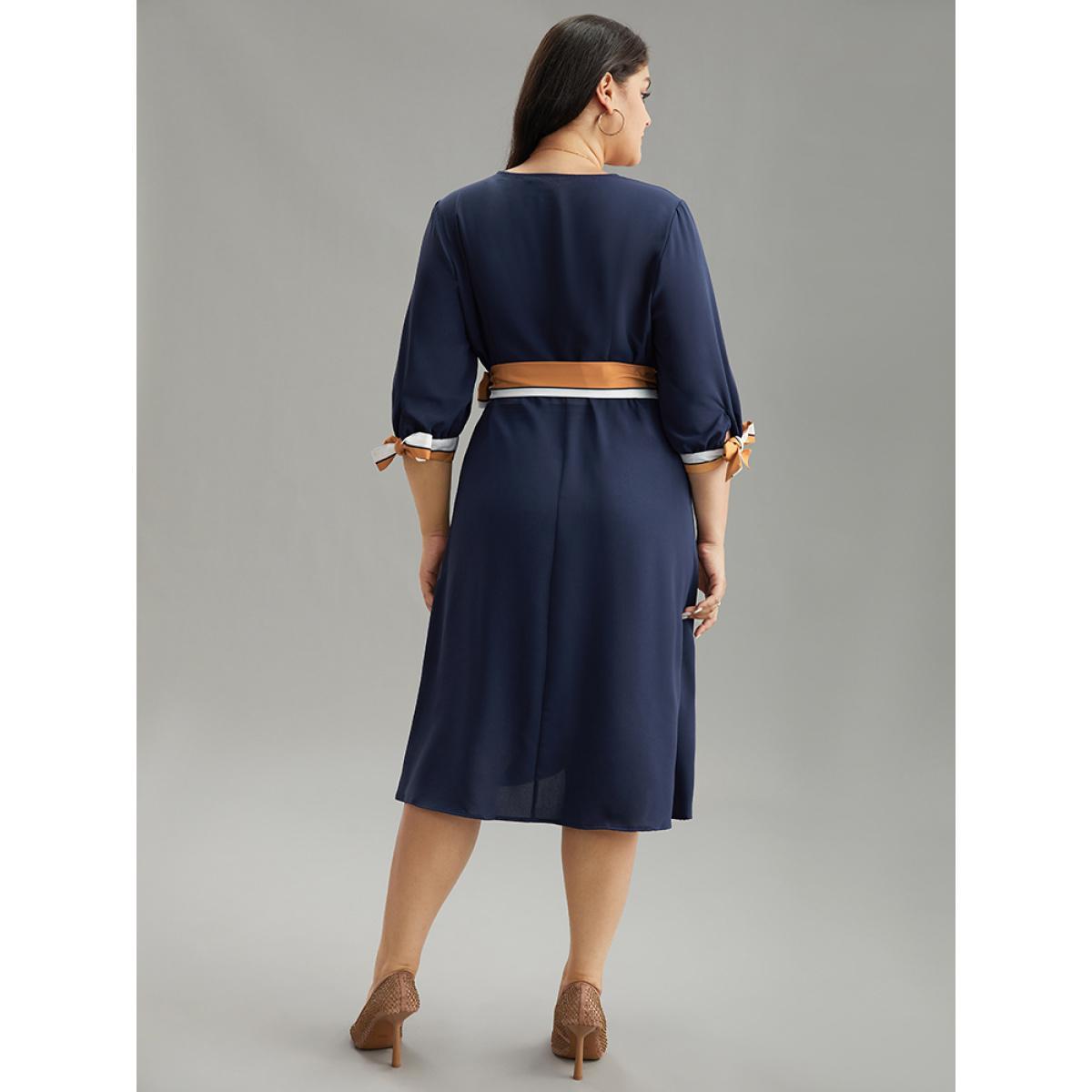 Plus Size Contrast Striped Patchwork Wrap Dress Midnight Women Elegant Wrap V-neck Elbow-length sleeve Curvy Midi Dress BloomChic 22-24/3X Product Image